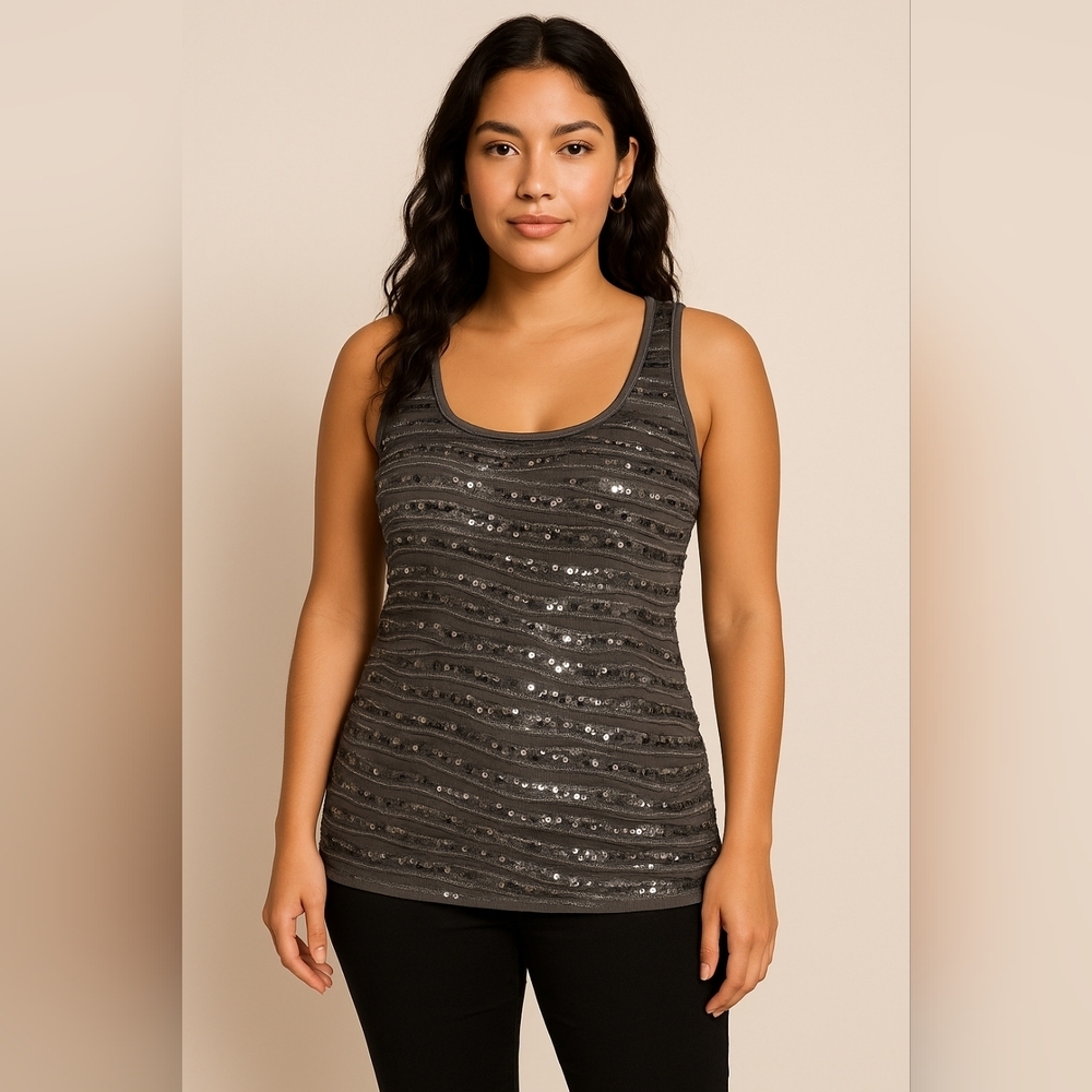 🩶 New York & Company Sequin Sleeveless Blouse Top M Silver Gray